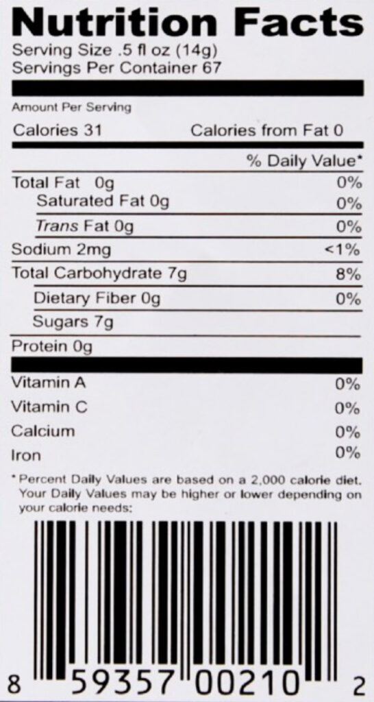 Grenadine Nutrition Label