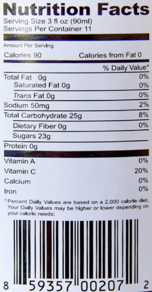 Sweet & Sour Nutrition Label